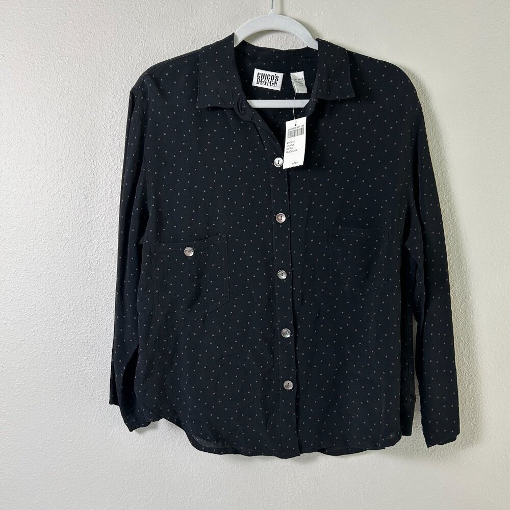 Chicos Design Top Womens Size 0 S Black Java 3/4 Sleeve Button Up Dee Lite NWT